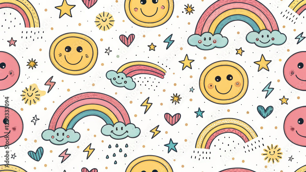 Joyful Rainbows and Smiles: This vibrant pattern embodies a sense of pure happiness and lightheartedness, decorated with cheerful smileys, whimsical rainbows, twinkling stars, and hearts. Joyful Rainbows and Smiles: This vibrant pattern embodies a sense of pure happiness and lightheartedness, decorated with cheerful smileys, whimsical rainbows, twinkling stars, and hearts.