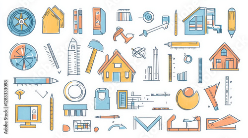 Wallpaper Mural Set architect doodle icons, building project, compass, architecture flat blueprint layout, house plan, color palette, protractor, pencil, measuring instruments, pc desktop Line art vector illustration Torontodigital.ca