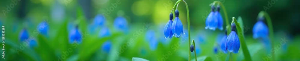 Blue balloon flowers peeking out from behind a leafy green stem, hidden, flowers, stems Blue balloon flowers peeking out from behind a leafy green stem, hidden, flowers, stems