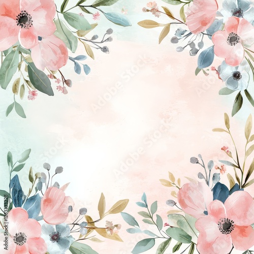 Floral Watercolor Frame: A gentle arrangement of watercolor flowers and leaves frames, painting a picturesque background that will provide delicate and calming atmosphere.