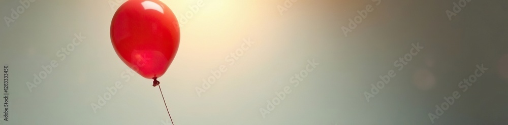 Red balloon with a long string suspended in mid-air, illuminated by soft natural light, background, object