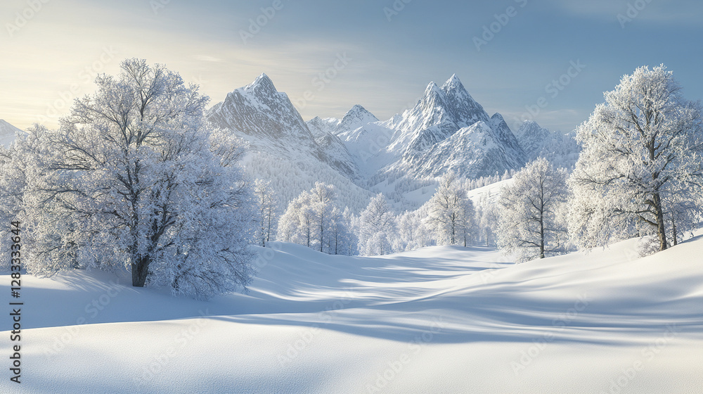 Snowy landscape with icy peaks and frosted trees under clear sky Snowy landscape with icy peaks and frosted trees under clear sky