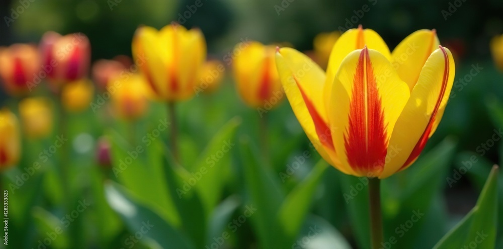 Yellow and red striped tulip flower against white Calathea leaves, garden, calathea majestica Yellow and red striped tulip flower against white Calathea leaves, garden, calathea majestica