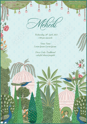 Indian Mughal themed mehndi invitation card design for printing. Can be used in invitations, box design, tag design, envelope design, and more.
