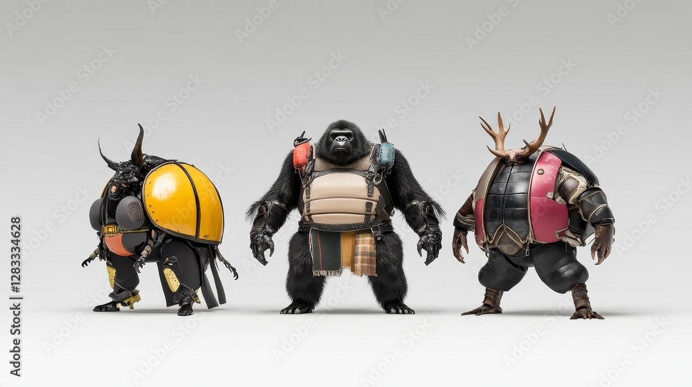 Naklejka premium Futuristic warrior animals in diverse armor showcasing unique designs