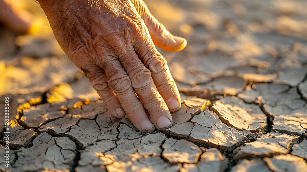 Naklejka premium Exploring Drought Impact on Earth Human Touch on Dry Soil Arid Land Photography Close-up Nature