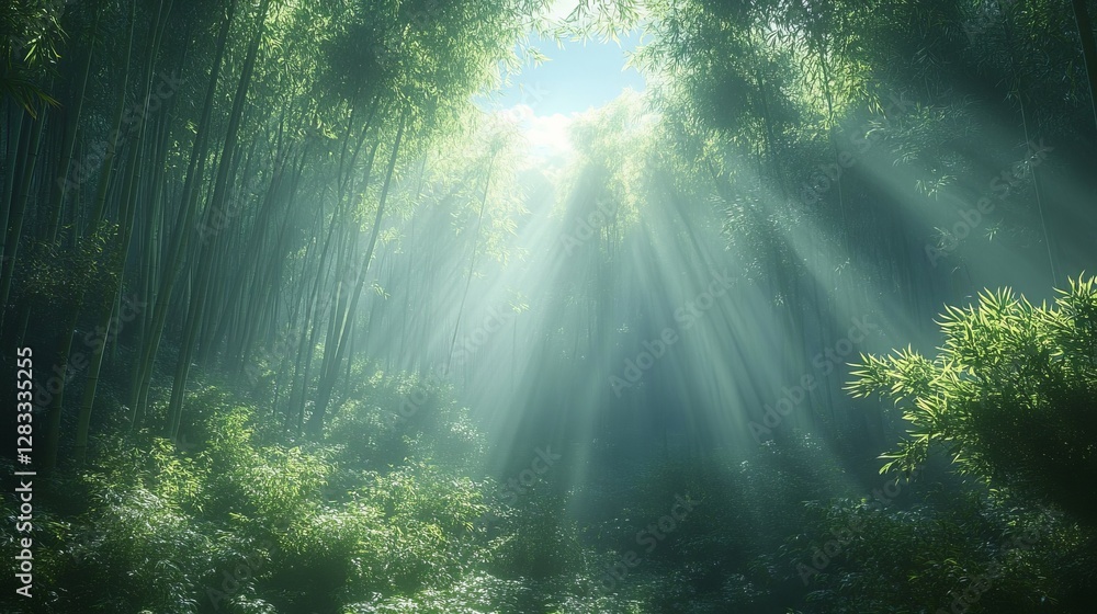 Fototapeta premium Tranquil Bamboo Forest Scene in Damyang with Soft Sunlight Rays
