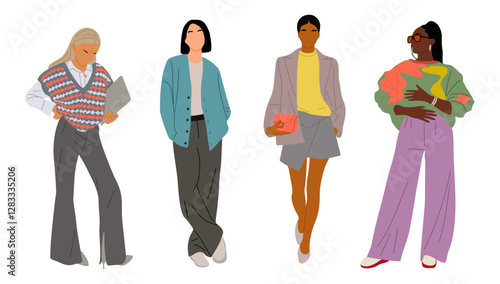 Set of different Modern women in stylish smart casual office clothes. Vector realistic illustration of diverse multinational standing cartoon girls with bag, laptop. Isolated