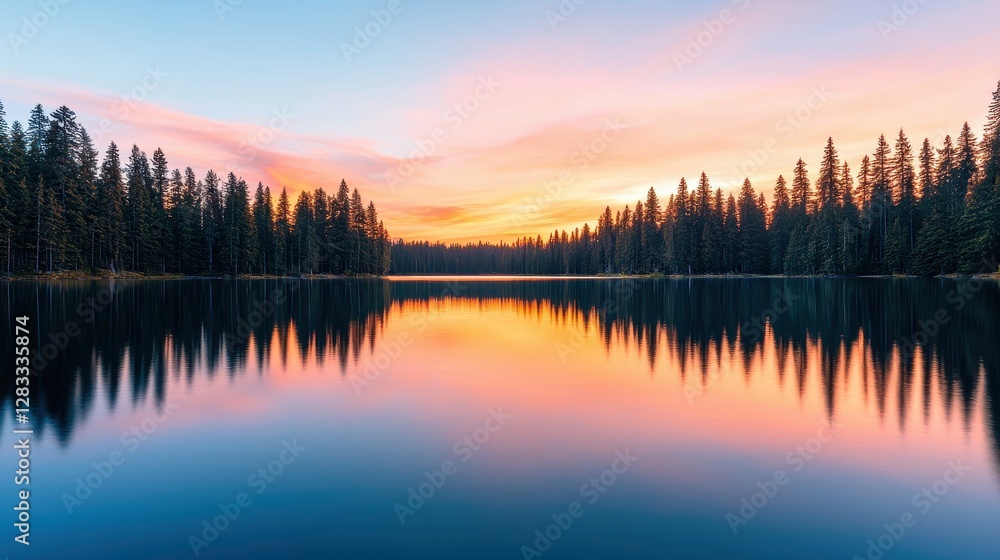 Fototapeta premium A tranquil lake reflects the vibrant sunset, surrounded by tall trees, creating a serene and picturesque natural landscape.