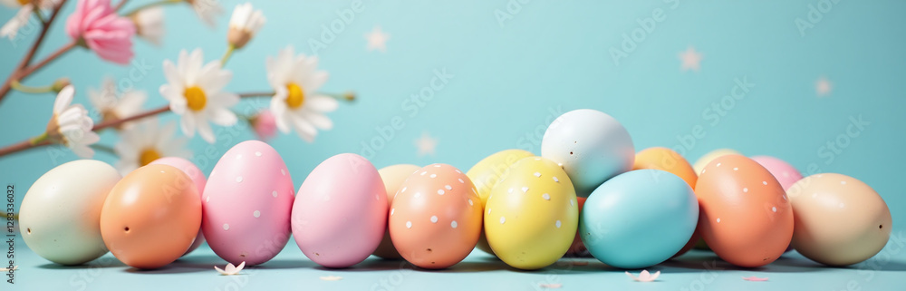 A Colorful Pastel Pile Of Easter Eggs Against A Festive Holiday Background As Part Of A Larger Collection Sequence. 00002 A Colorful Pastel Pile Of Easter Eggs Against A Festive Holiday Background As Part Of A Larger Collection Sequence. 00002