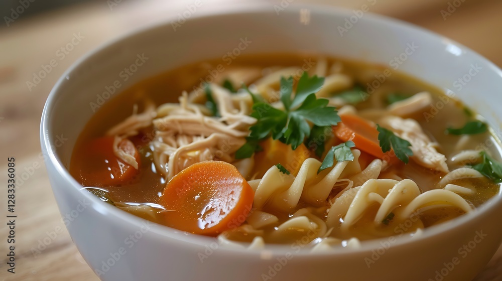 Delicious Homemade Chicken Noodle Soup with Fresh Vegetables and Herbs in a White Bowl Delicious Homemade Chicken Noodle Soup with Fresh Vegetables and Herbs in a White Bowl
