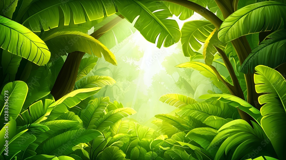 Obraz premium Lush Green Tropical Jungle Sunlight Canopy