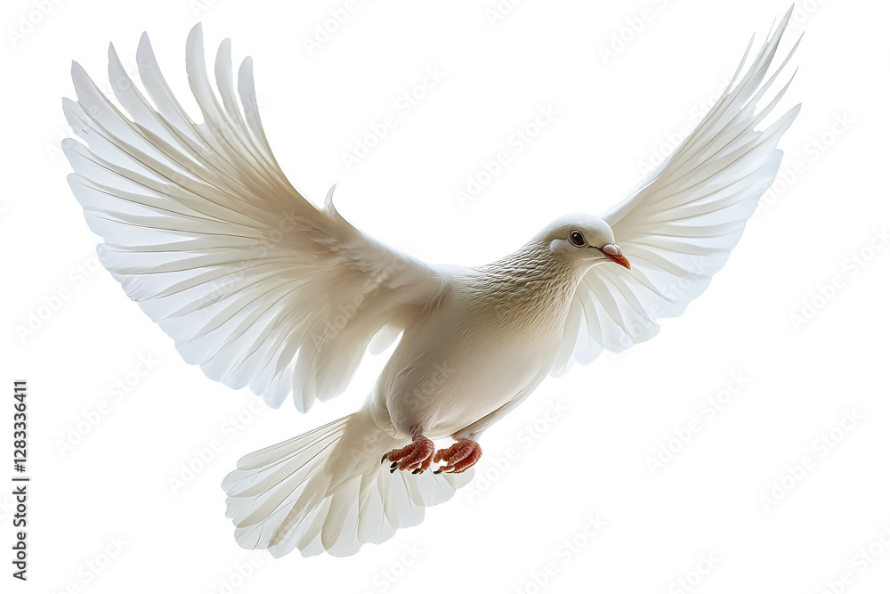 Obraz premium White dove soaring on white backdrop