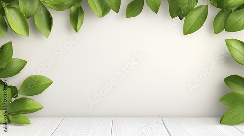 Green Leaves Frame on White Wooden Background
