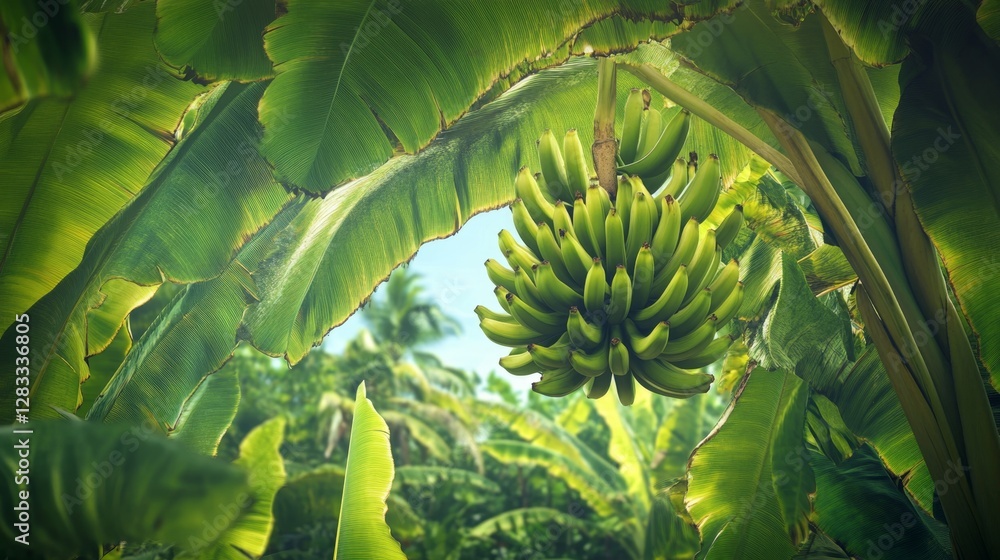 Fototapeta premium Vibrant Cluster of Green Bananas Surrounded by Lush Tropical Foliage