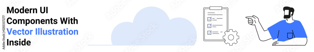 Cloud icon, settings gear, checklist, and person gesturing highlight planning, design, storage. Ideal for technology, UIUX, cloud computing project management teamwork innovation flat landing Cloud icon, settings gear, checklist, and person gesturing highlight planning, design, storage. Ideal for technology, UIUX, cloud computing project management teamwork innovation flat landing