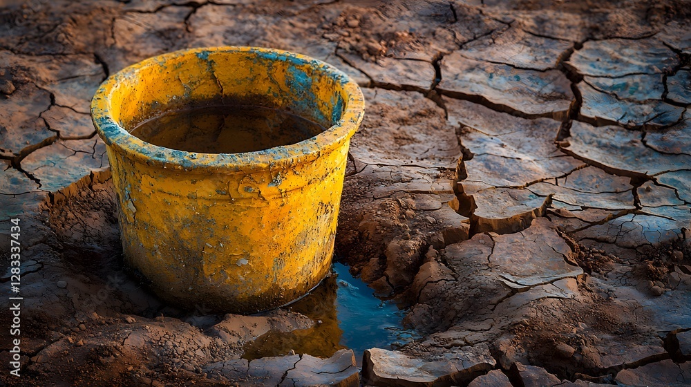 Drought Impact Observed in Dry Landscape Yellow Bucket Environmental Photography Arid Conditions Close-Up View Drought Impact Observed in Dry Landscape Yellow Bucket Environmental Photography Arid Conditions Close-Up View
