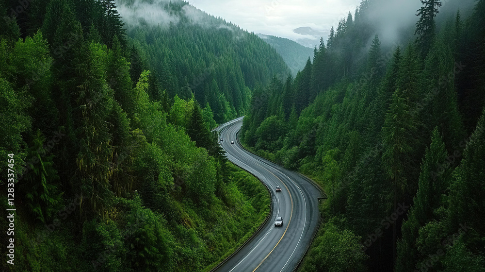 winding highway in forest-covered mountains, top view winding highway in forest-covered mountains, top view