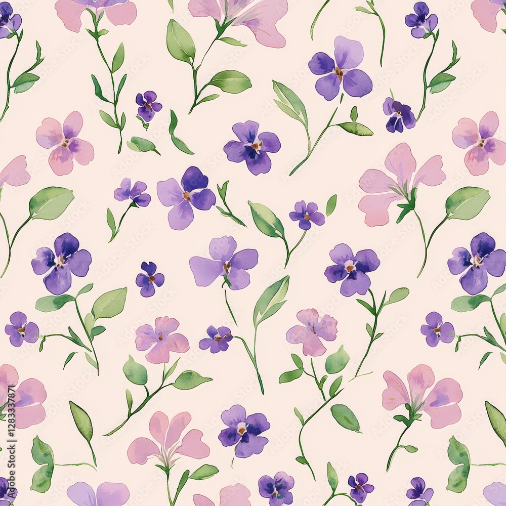 Fototapeta premium Floral Symphony: a watercolor painting featuring a seamless pattern of delicate flowers in shades of purple and pink, with subtle details and artistic charm.