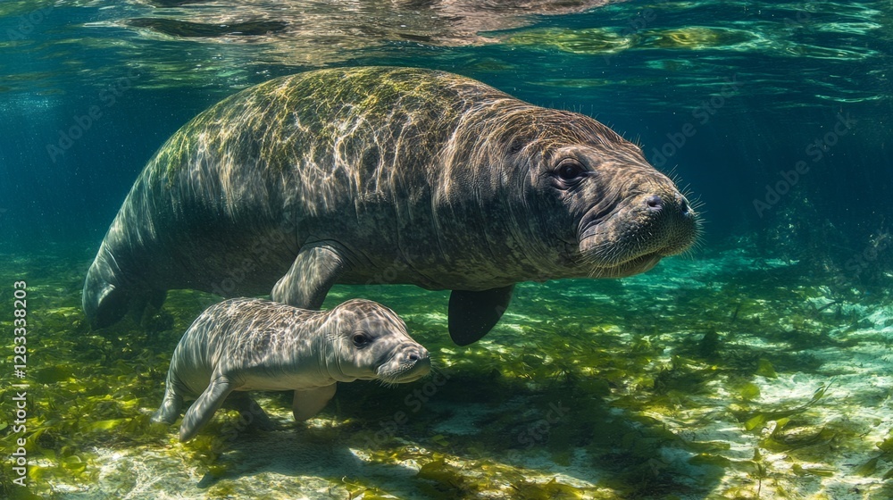 Fototapeta premium Gentle West Indian Manatee with Calf Underwater in Natural Habitat