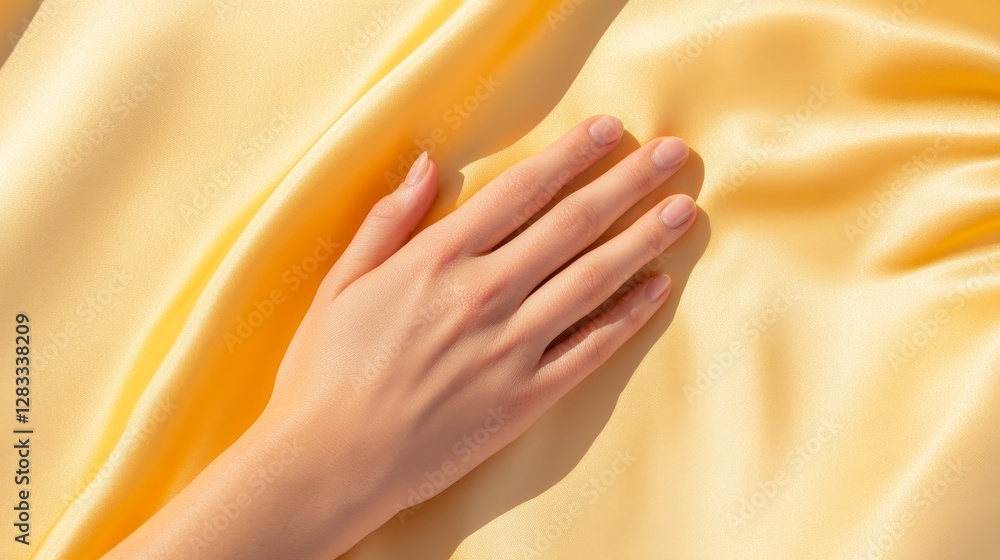 Soft Hand on Smooth Yellow Satin Fabric in Bright Light Soft Hand on Smooth Yellow Satin Fabric in Bright Light