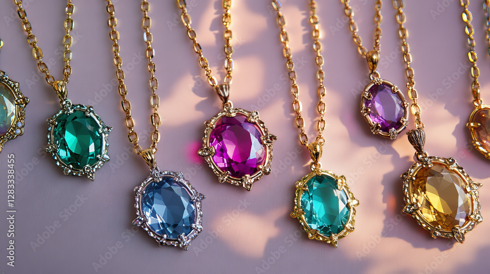 Cartoon set of precious necklaces isolated on background. Vector illustration of golden, silver, iron chains decorated with color gemstones. Medieval royal treasure, witchcraft accessory, game assets Cartoon set of precious necklaces isolated on background. Vector illustration of golden, silver, iron chains decorated with color gemstones. Medieval royal treasure, witchcraft accessory, game assets
