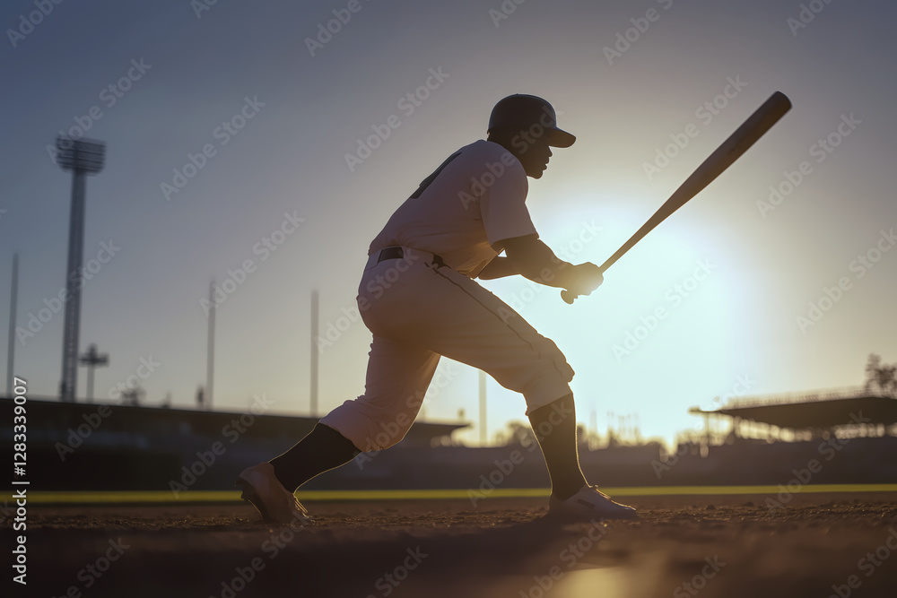 Fototapeta premium Silhouette of Baseball Player: Capturing the essence of a baseball player mid-swing, backlit by the sun, creating a dramatic silhouette against the stadium backdrop, symbolizing power, action.