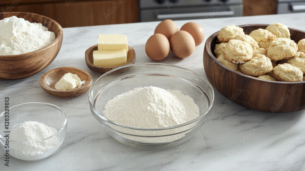 A bowl of flour sits on a marble countertop A bowl of flour sits on a marble countertop