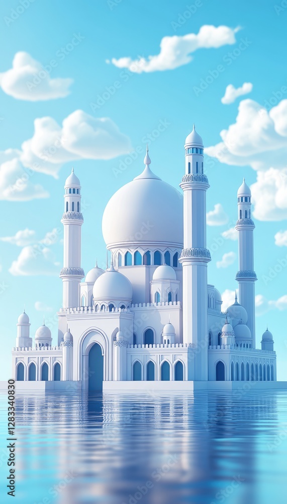 Obraz premium A White Mosque Reflecting in Water with a Blue Sky Background