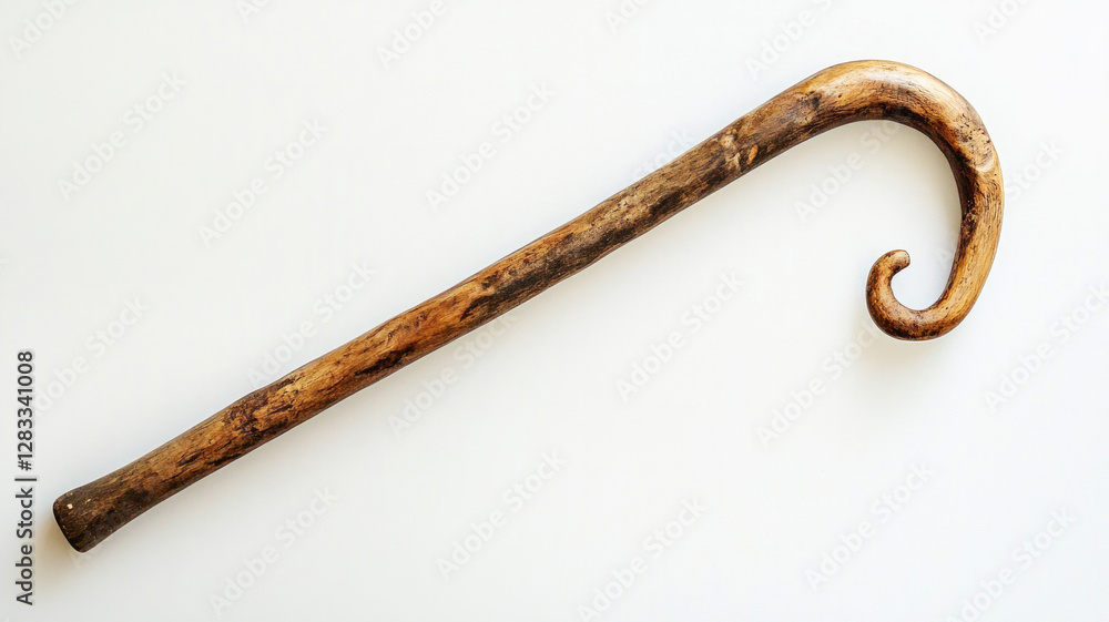 A wooden cane with a curved handle A wooden cane with a curved handle