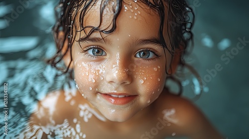 Joyful child beams with happiness in a swimming pool, embodying pure delight and carefree summer moments.