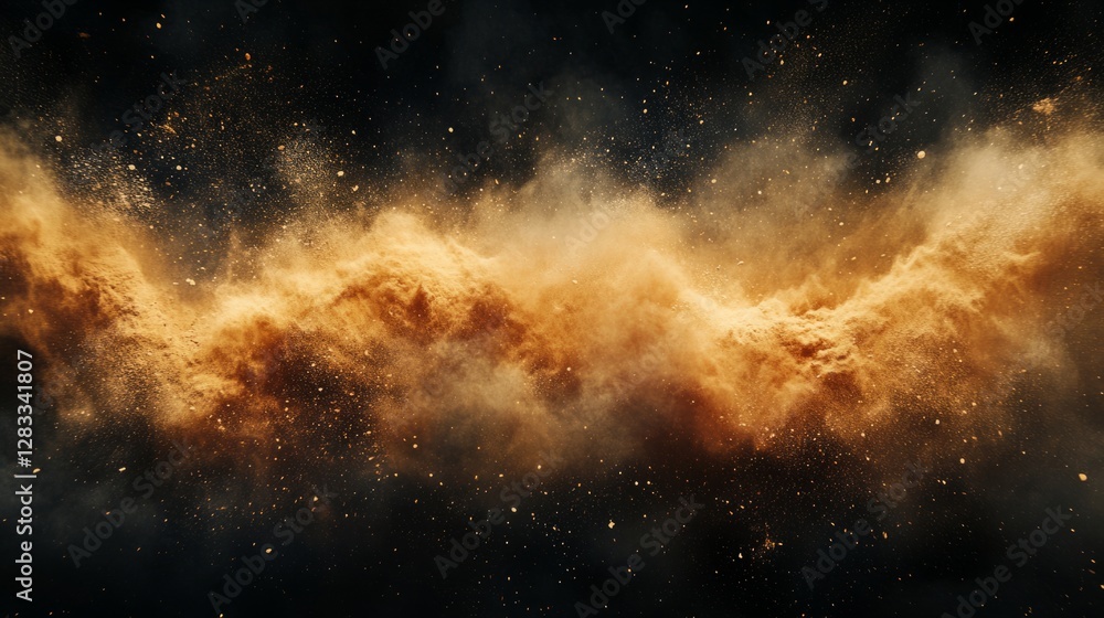 Fototapeta premium Abstract golden explosion forming delicate patterns, soft glow on black 