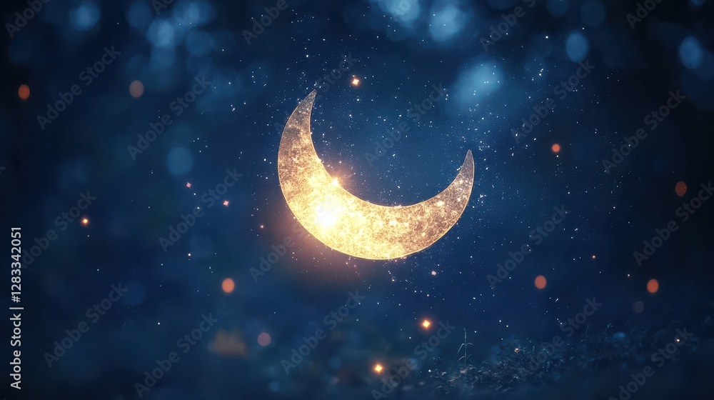 Fototapeta premium Glowing Crescent Moon in Starry Night Sky with Soft Bokeh Lights