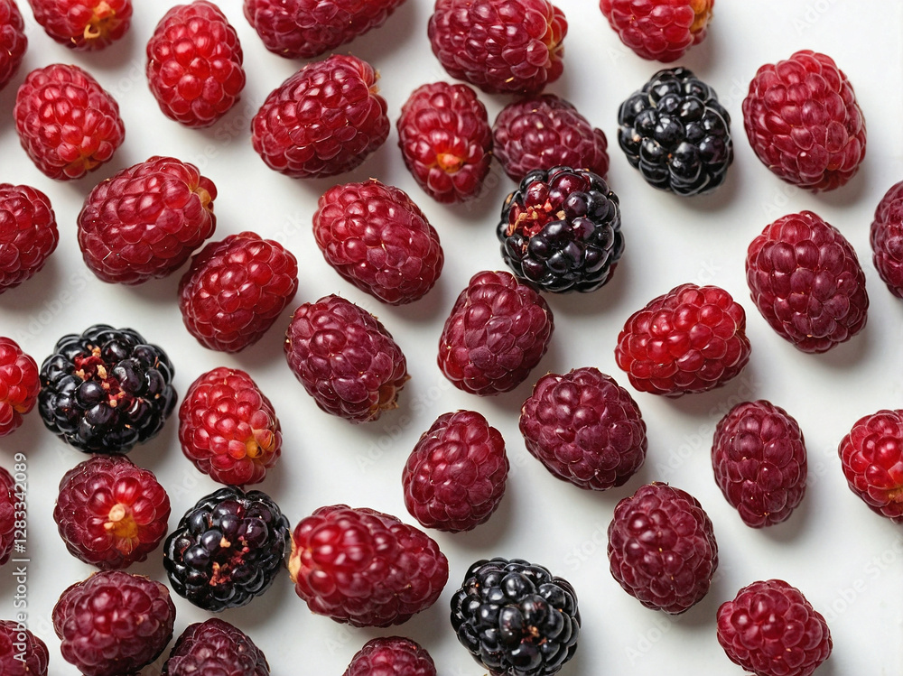 Ripe mulberries, ranging in color from deep purple to soft red, placed against a pure white background. Ripe mulberries, ranging in color from deep purple to soft red, placed against a pure white background.