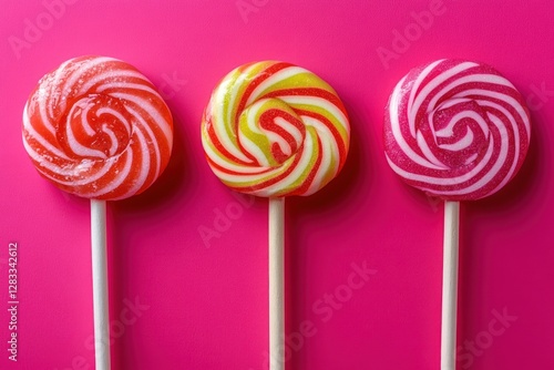 Vibrant Set of Rainbow Lollipops on Magenta Background in Pop Art Style with Sweet Colorful Swirls