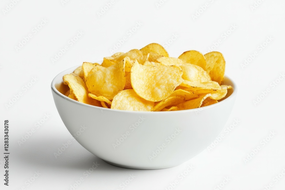 Bowl of crispy potato chips on white background. AI image Bowl of crispy potato chips on white background. AI image