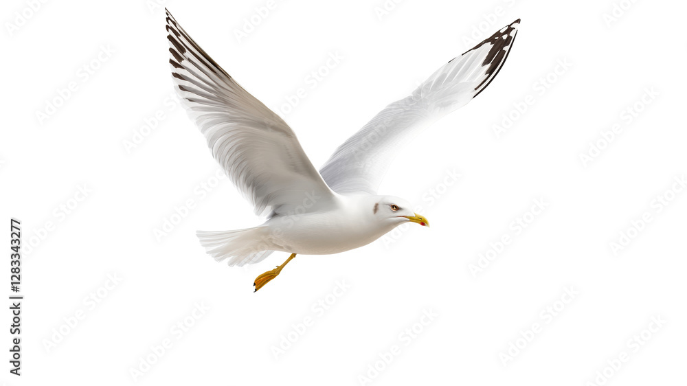 Seagull soaring in clear sky over calm waters Seagull soaring in clear sky over calm waters