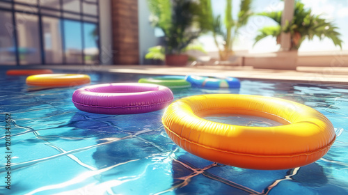 Swimming pool with colorful inflatable rings floating on clean water surface over tiled floor, hotel, summer vacation background design, horizontal template for banner Realistic 3d vector illustration