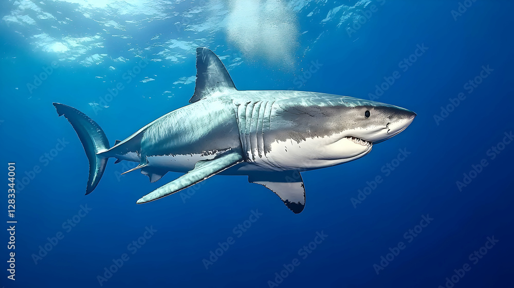 Fototapeta premium Great White Shark Swimming Through Deep Blue Ocean Waters Surrounded By Bubbles and Sunlight