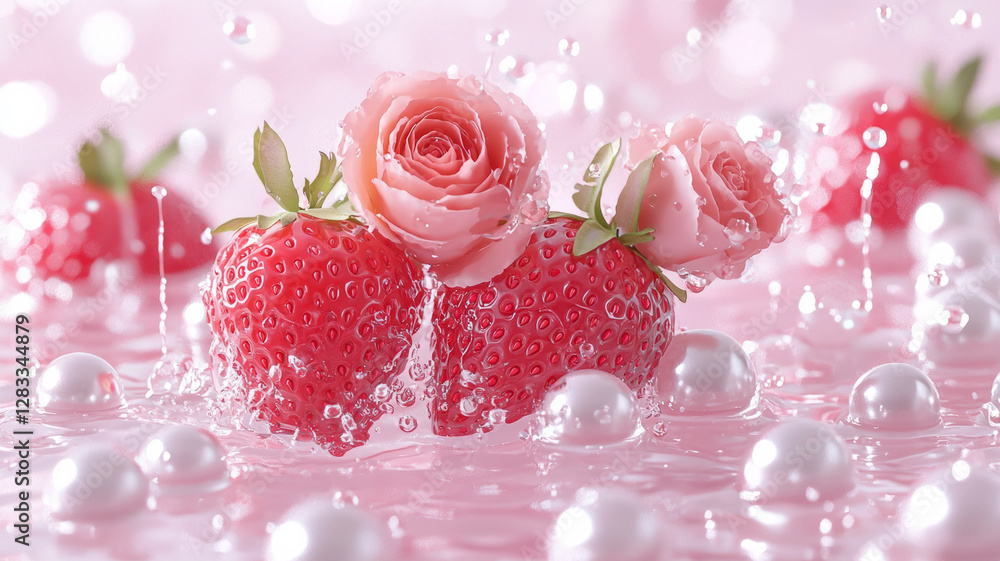 A close up of two strawberries with pink petals and a rose on top A close up of two strawberries with pink petals and a rose on top