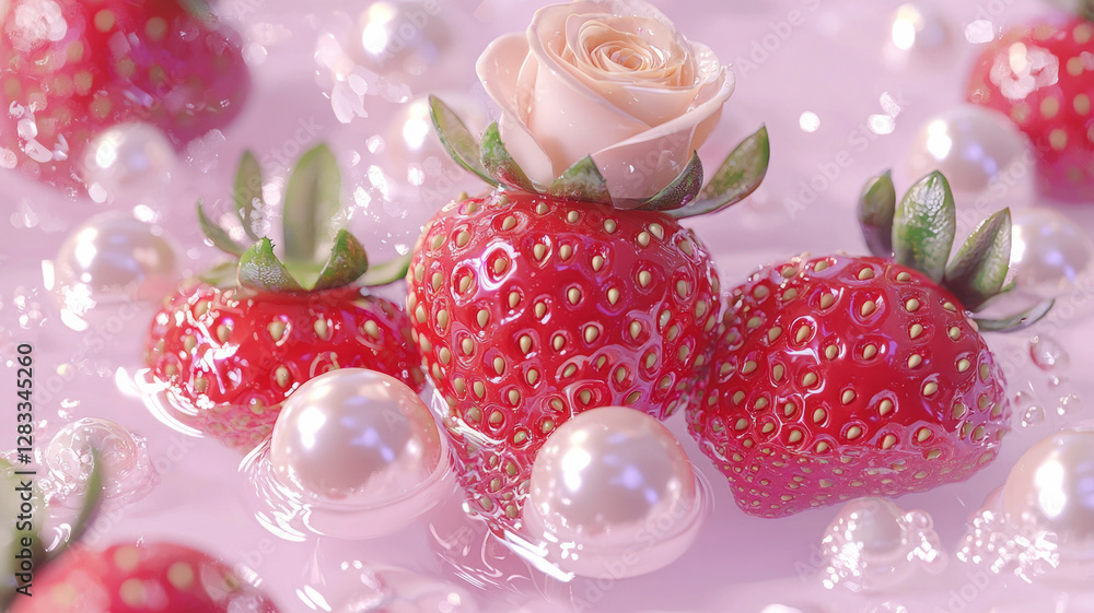 Three red strawberries with a rose on top Three red strawberries with a rose on top