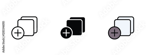 Set of 3 pixel perfect Add apps icon with 1 unexpanded, 1 silhouette, a simple and clear icon representing the addition of applications or software.