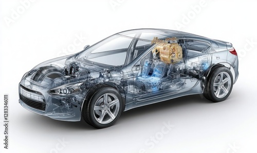 Transparent Hydrogen Fuel Cell Car Technical Cutaway 3D Rendering Illustration