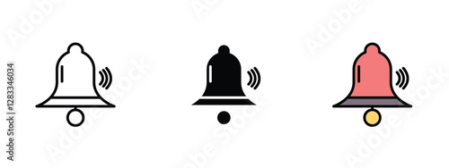 Set of 3 pixel perfect Bell Ring icon with 1 unexpanded, 1 silhouette, a simple and clear bell ring icon symbolizing notifications or alerts.