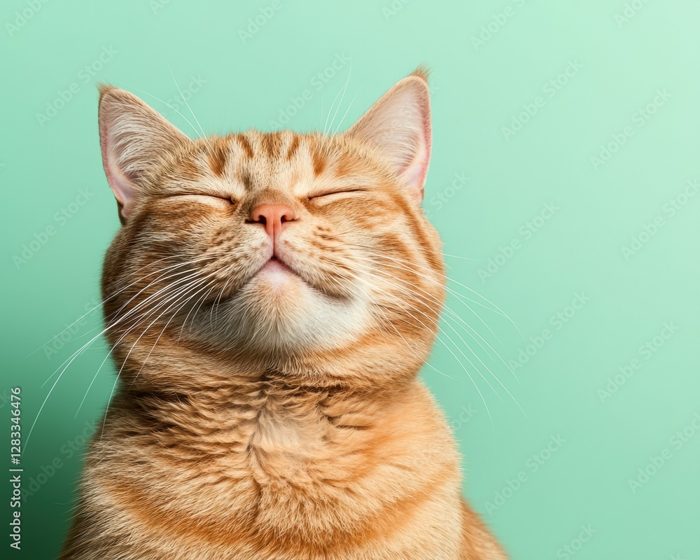 A content orange cat with closed eyes and a relaxed expression sits against a mint green background, exuding a sense of calm and happiness. A content orange cat with closed eyes and a relaxed expression sits against a mint green background, exuding a sense of calm and happiness.