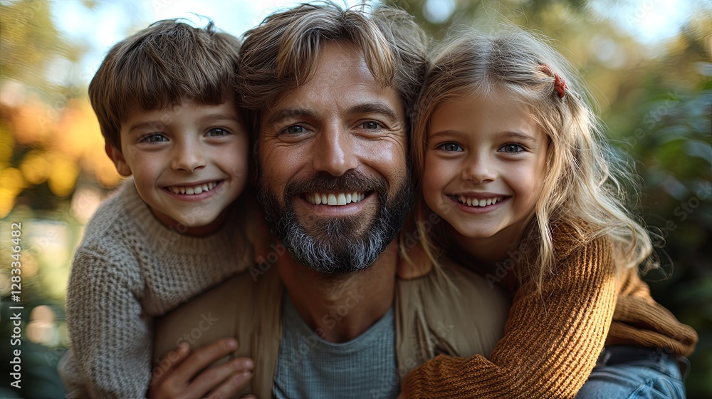 Fototapeta premium Parents joyfully carry children on their backs, sharing laughter and love.
