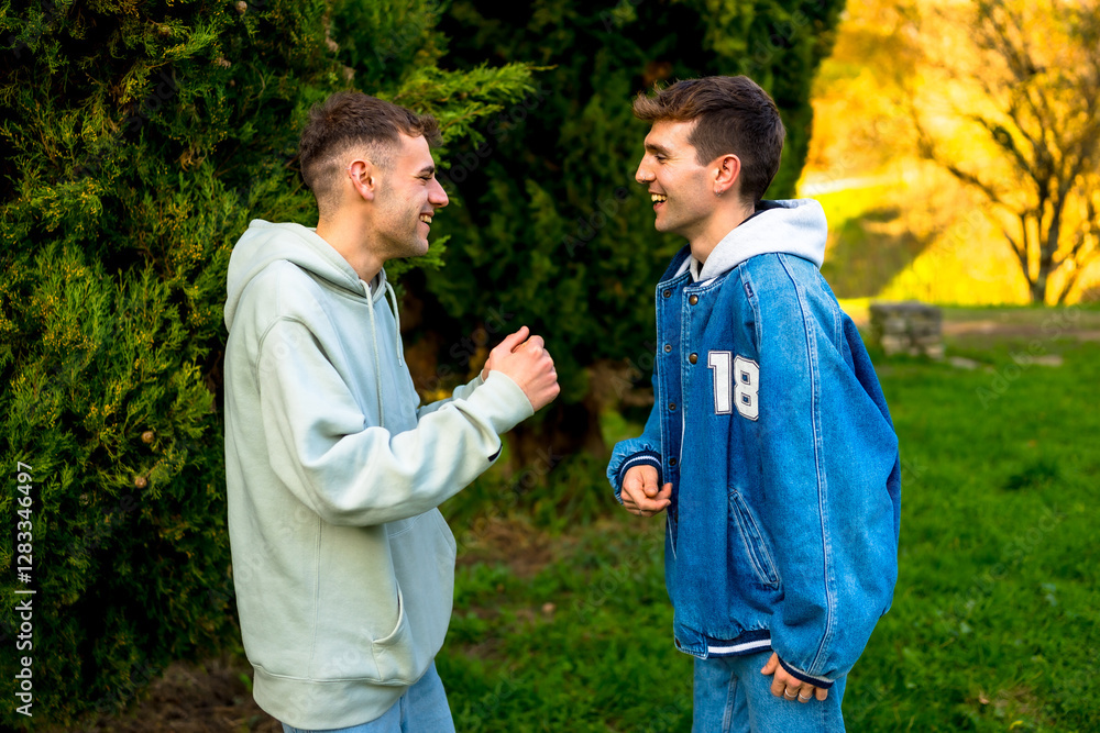 Naklejka premium Happy gay couple sharing a moment of joy and laughter in park