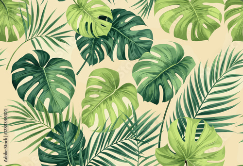 a variety of tropical leaves, including palm leaves and monstera leaves, arranged in a repeating design against a light beige background.