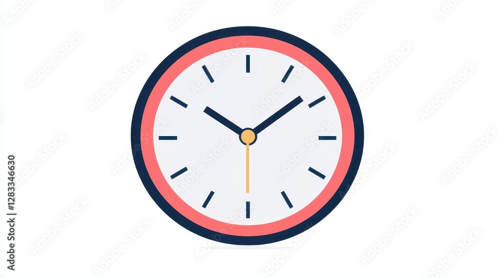 A simple, modern clock design featuring a white face, black hour markers, and a pink border, indicating the time clearly. A simple, modern clock design featuring a white face, black hour markers, and a pink border, indicating the time clearly.