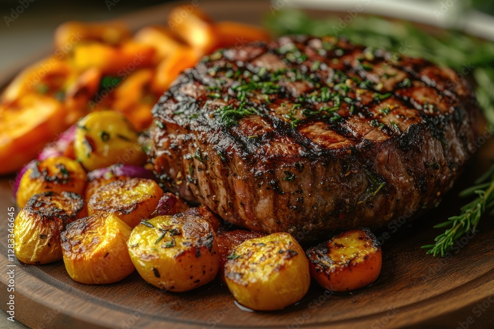 Gourmet Grilled Steak with Colorful Roasted Vegetables in Rustic Kitchen Setting Gourmet Grilled Steak with Colorful Roasted Vegetables in Rustic Kitchen Setting